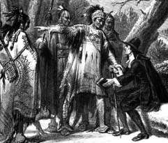 gravure : indien discutant avec un missionnaire