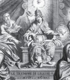 Le Triomphe de l'&Eacute;glise sur           Calvin et Mahomet. D&eacute;tail de l'Almanach Royal fran&ccedil;ais           de 1686