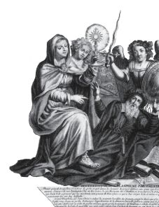 Le Triomphe de l'&Eacute;glise sur           Calvin et Mahomet. D&eacute;tail de l'Almanach Royal fran&ccedil;ais           de 1686