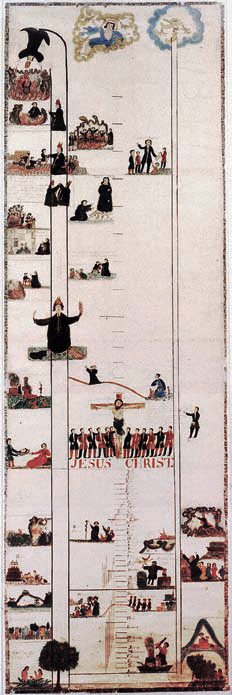 Catéchisme protestant datant de 1845 de Henry et Eliza Spalding, missionnaires presbytériens actifs à Lapwai (Idaho). Ce type d’illustrations est inspiré des « échelles » du catéchisme de 1839 (aujourd’hui perdu) du pasteur méthodiste Daniel Lee qui enseignait à Willamette Valley.