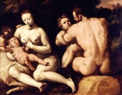 Cornelis van Haarlem : La première famille (sous-titré aussi bien Adam et È ve que Noé et sa famille) (1582-92). Quimper, Musée des Beaux-Arts