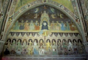 Andrea da Firenze, Le Triomphe de saint Thomas d’Aquin. Au centre de la fresque, auxpieds du Doctor angelicus, trois « hérétiques » : Arius, Sabellius et Anerroës.Fresque dans la Chapelle des Espagnols de l’église Santa Maria Novella de Florence. Photo © CC, Wikimedia.org
